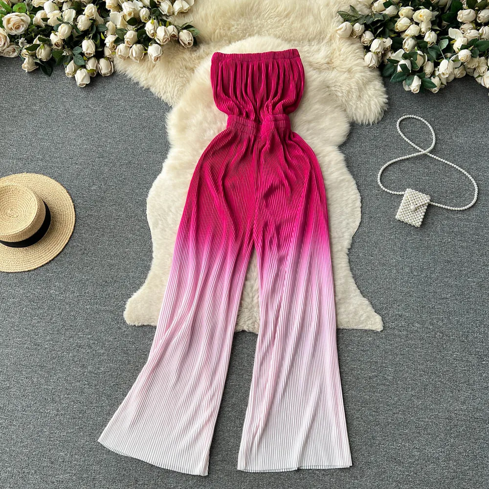 

Europe and The United States Personality Chic Niche Design Sense Breasted Jumpsuit Summer Gradient Waist Wide Leg Jumpsuit