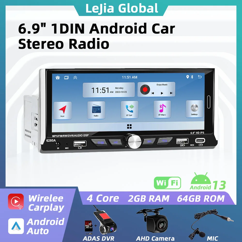 

6.9" Android Car Multimedia Player 1Din Radio Car Stereo Head Unit Wireless Carplay Autoradio GPS Navigation WIFI Android Auto