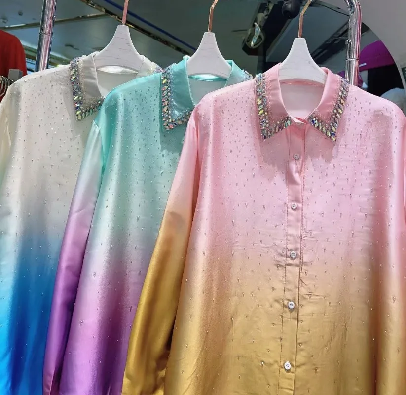 European Style 2024 Spring New Full Rhinestone Gradient Rhinestone Age-Reducing Mercerized Shirt For Women's Long Sleeved Blouse
