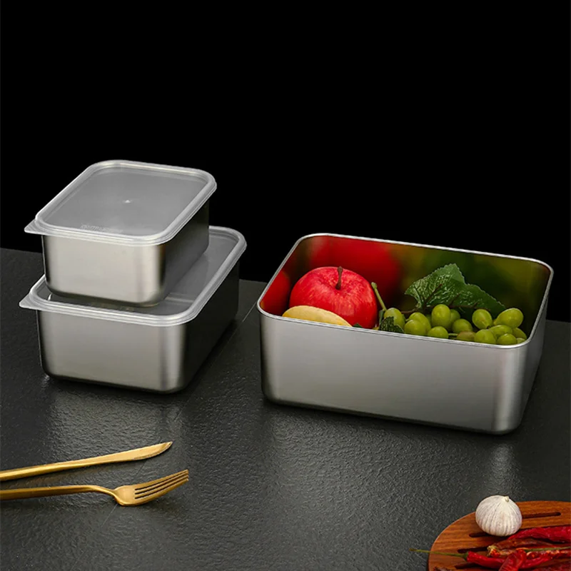 304 Stainless Steel Fresh-Keeping Food Storage Tray with Lid Refrigerator Fruits Sealing Box Meal Case Kitchen Bento Container