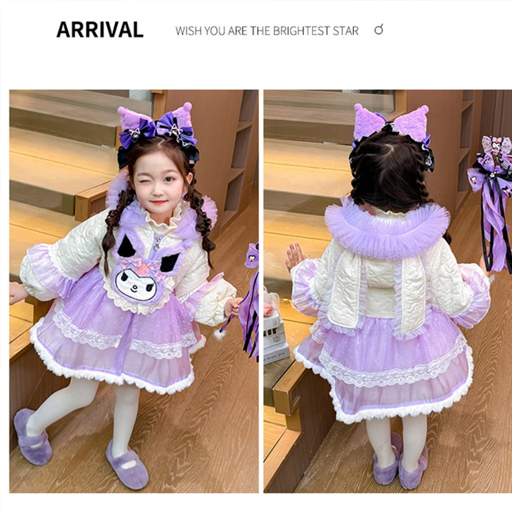 Winter Kawaii Cinnamoroll Kuromi Kids Lolita Cotton Jacket Sanrio Anime Girls Cartoon Hooded Thick Warm Zipper Coat High-Quality