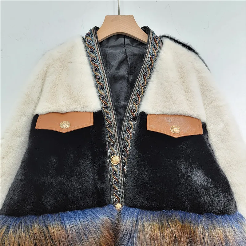 European Goods Women's Fur Coat Winter New Fashion Heavy Loose Slim Beaded Edge Warm Long Sleeves Elegant Ladies Fur Jacket