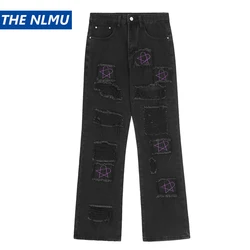 Vintage Ripped Hole Denim Pants 2023 Men Star Embroidery Jeans Harajuku Cotton Joggers Jean Trousers Hip Hop Y2K Retro