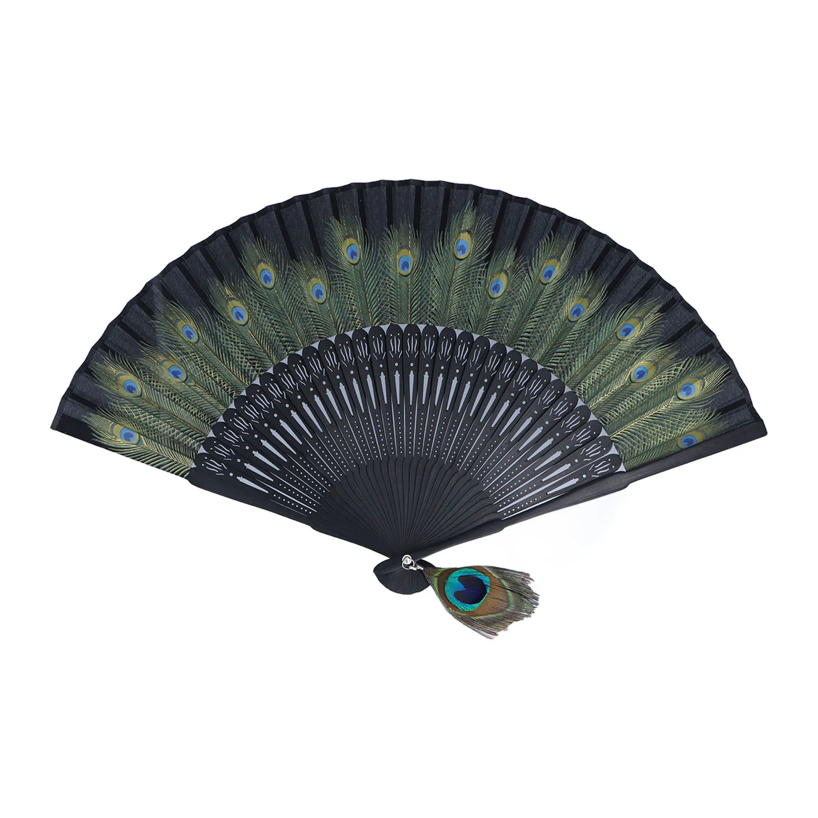 Folding Fan Black Bones Beautiful Peacock Pattern Chinese Antique Bamboo Hand Fan for Performance Clothes Decoration Gifts