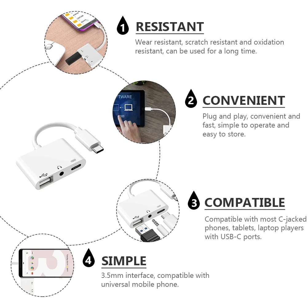 전문 C타입 헤드폰 어댑터, 노트북 전화 어댑터, 다기능 이어폰, USB 2.0, 충전, 3.5mm 조명