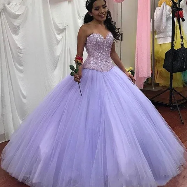 

Angelsbridep Lilac Sweetheart Ball Gown Quinceanera Dresses Luxury Crystals Beading Tulle Vestido De 15 Anos Floor Length Corset