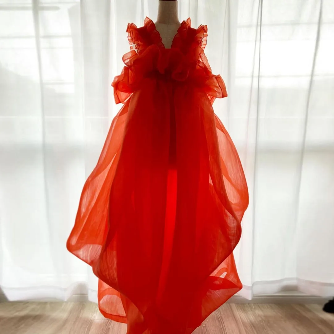 

Puffy Ruffle Flower Women Summer Dresses Coral Red Organza Short Prom Party Gowns Real Image A Line Brithday Photography Dress