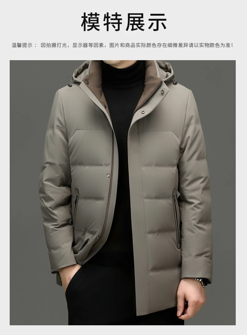 Lässige Winterjacke für Herren, warme Entendaunenjacke mit Kapuze, solide abnehmbare Mütze, Puffermantel, Oberbekleidung, lockere, winddichte, dicke, mittellange Parkas – Detail 9