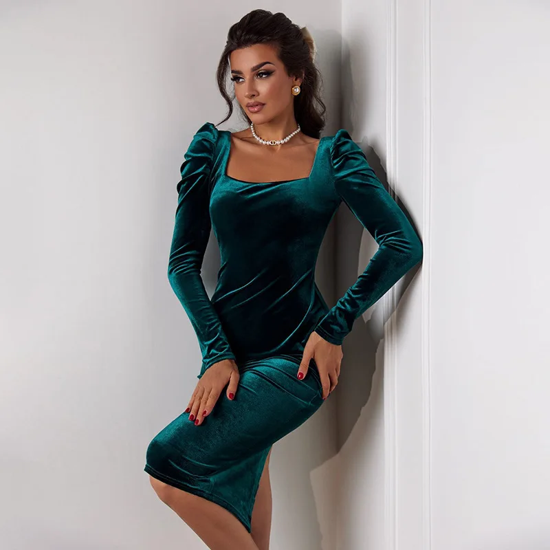 

2024 женское элегантное бархатное платье с квадратным вырезом и длинными рукавами