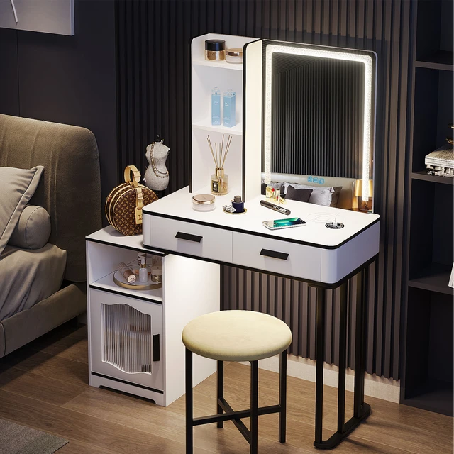 Vanity Table Set with Voice Control, Makeup Table w/ Wireless Charge Station,With  LED lights and makeup stool， - AliExpress