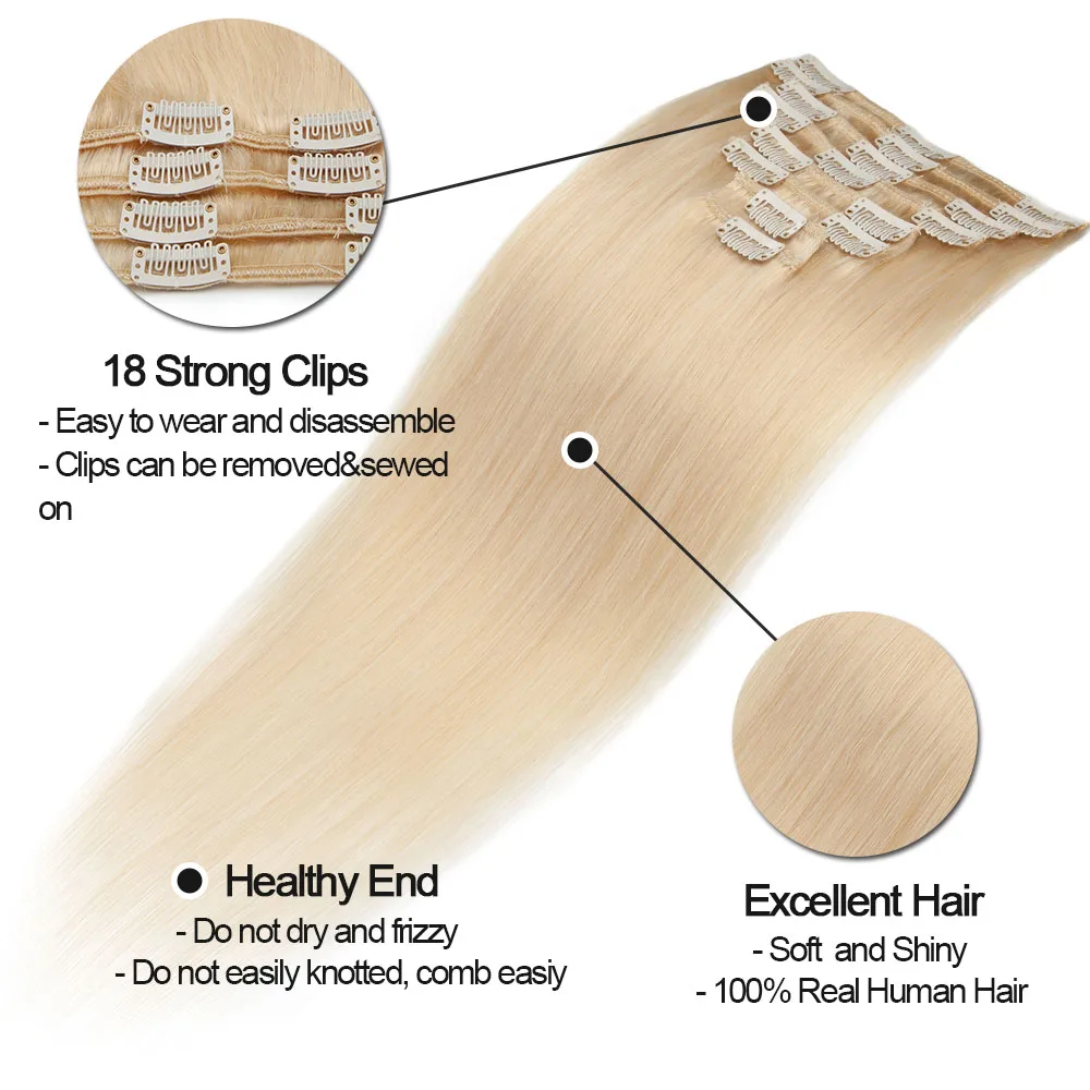 Clip in Hair Extensions Real Human Hair 8Pcs 10-24 inch Highlights Blonde Weft