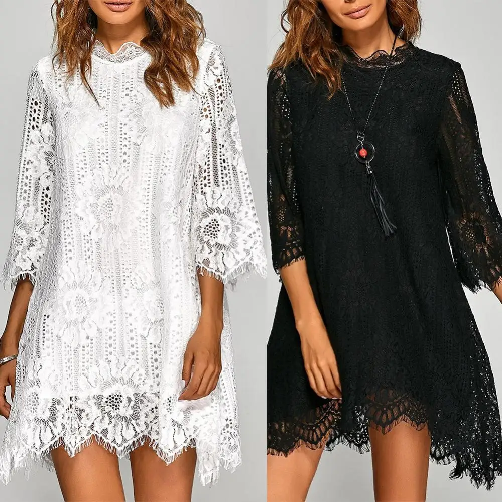 

Women Lace Mini Dress 3/4 Sleeve Loose Irregular Hem Plain Openwork Plus Size Bodycon Dresses for Evening Party Vestidos mujer