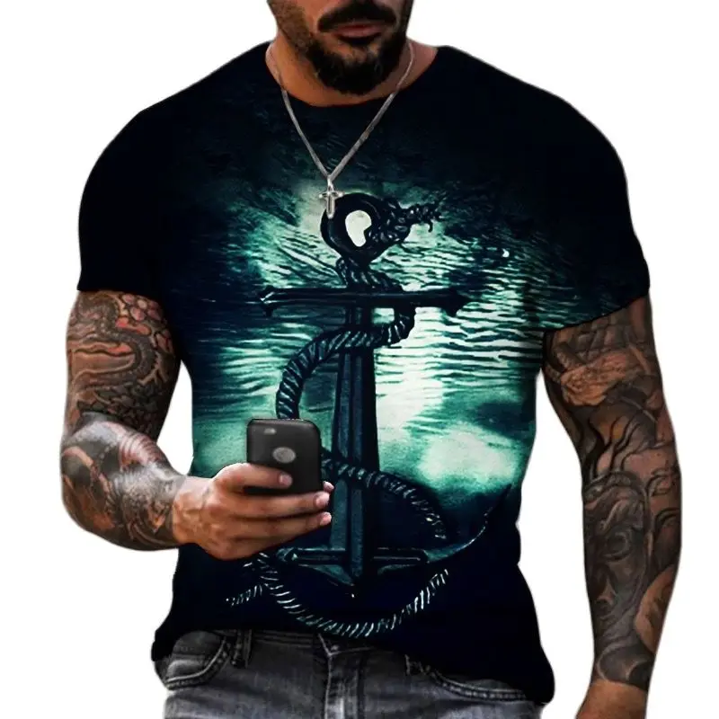Vintage T Shirts For Men 3D Printed Anchor Top Short Sleeve Oversized Tee Hip Hop O-neck Cotton T-shirts Mens Clothing Camiseta