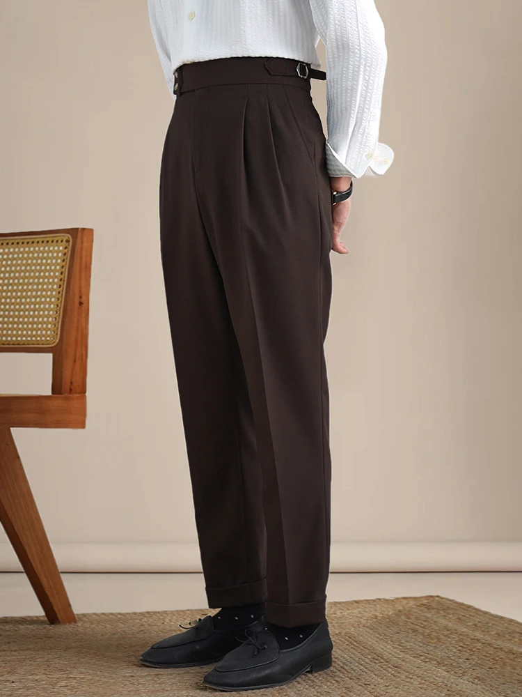 Naples Double Fold High Waist Linen Suit Pants For Men Summer Breathable Straight Leg Office Trousers Men Pantalon Costume Homme 4