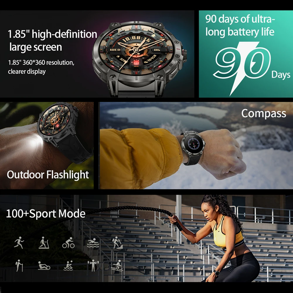 GPS Outdoor Rugged Smart Watch Men LED Lights 760 Extra Large mAh Battery Waterproof Watch Smartwatch IOS