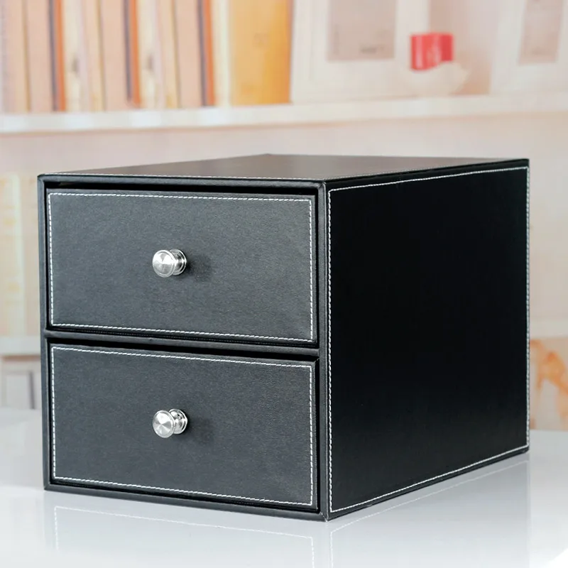 double layer double drawer wood leather desk set filing cabinet box office organizer document container holder croco red 214D