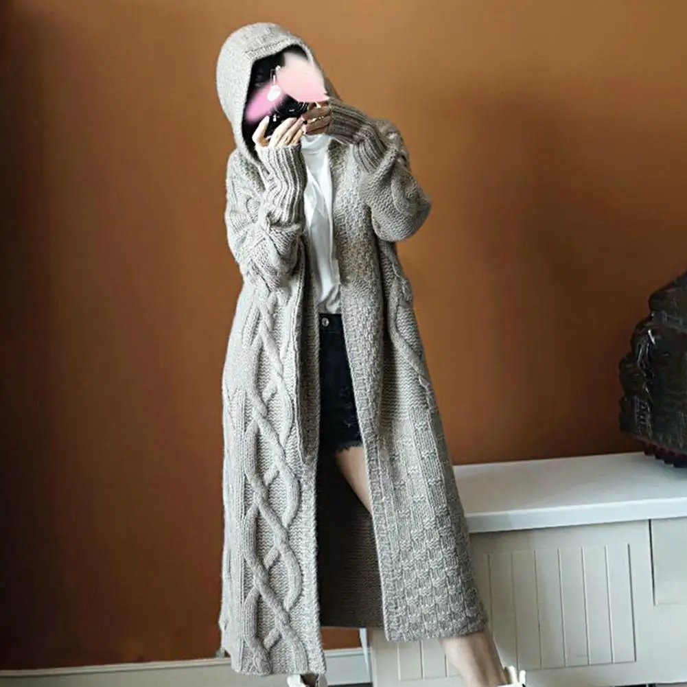 

Women Knitted Cardigan Autumn Winter Women Hooded Cardigan Solid Color Long Style Knitting Jacket Knitwear Streetwear