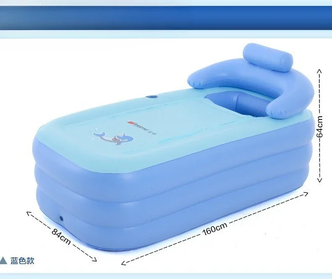 Folding Household Bathtub Adult Inflatable Bathtub Thickened Children's Bathtub 160×84×64cm Blue PVC Material 2