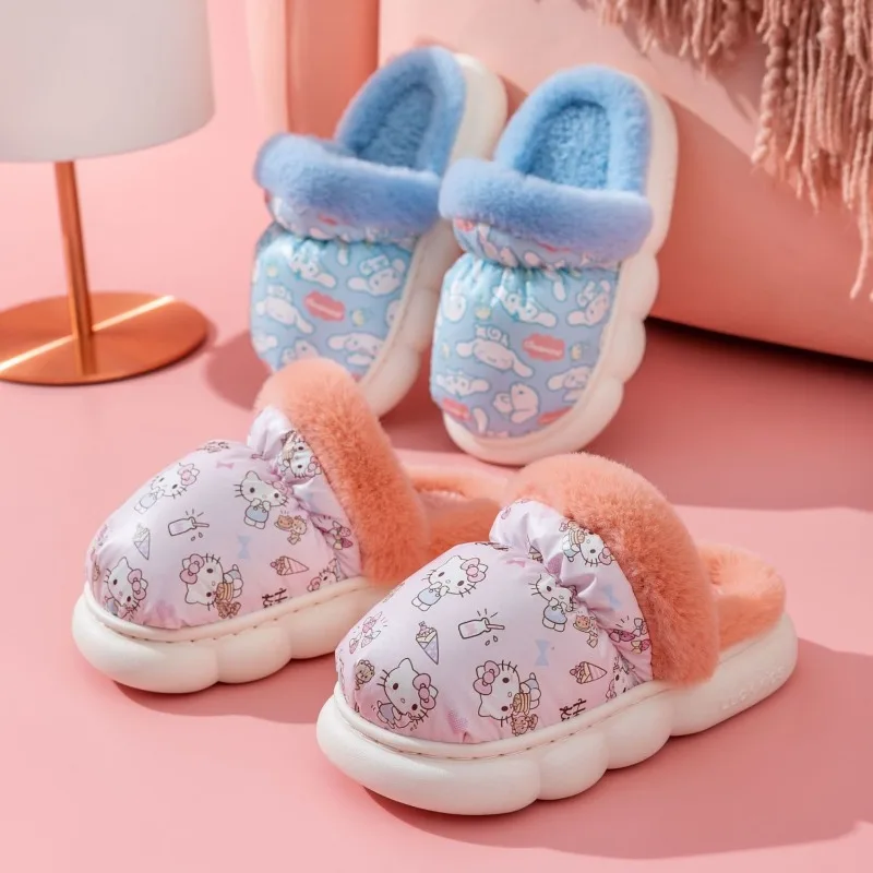 

Детские хлопковые тапочки Hello Kitty Sanrio, милые Мультяшные домашние плюшевые зимние теплые утепленные водонепроницаемые тапочки с хлебом для девочек