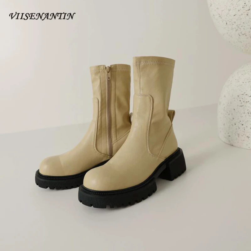 

Height Increased Stretch Boots Women New Arrival Autumn Winter Martin Boots Round Toe Chunky Heel Mid-calf Short Boots Females