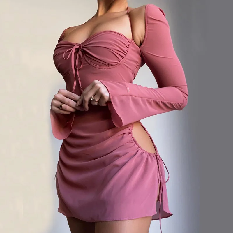 Elegant Baby Cute Pink Cutout Halter Mini Dress for Women 2022 Club Party Sexy Drawstring Mesh Ruched Dresses Romantic Clothes dress shops