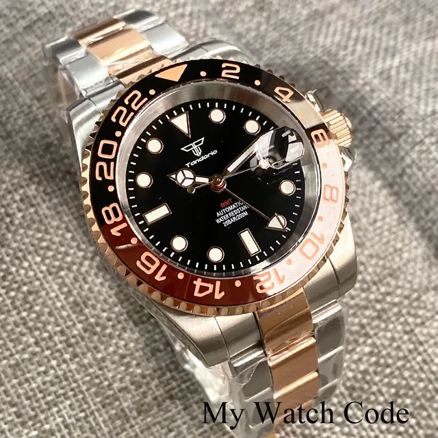 NH34 GMT Two Tone Silver Rose Gold Diving Watch for Men Root Beer 