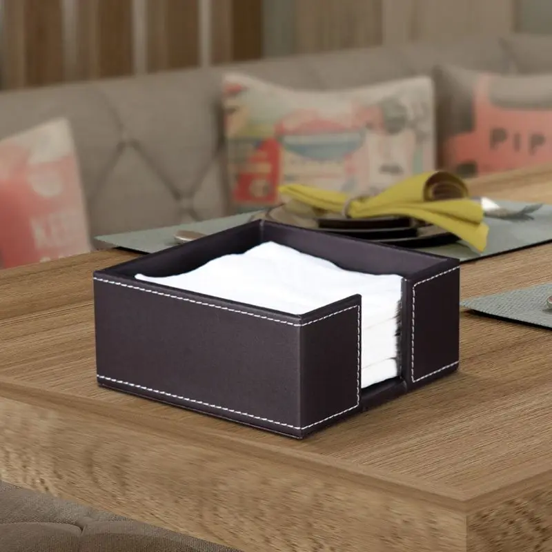 PU Leather Square Cocktail Napkin Holder Tissue Box Paper Serviette Dispenser Ba 87HA 2