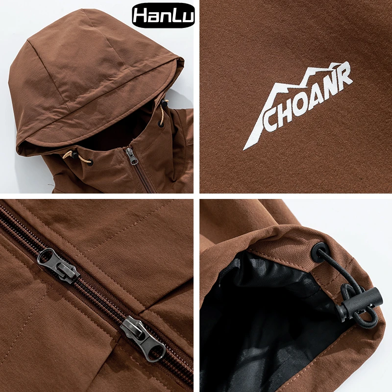 Men's Autumn and Winter New Casual Windproof Hooded Jacket Couple Outdoor Splicing Design Solid Color Men's Zipper Coat