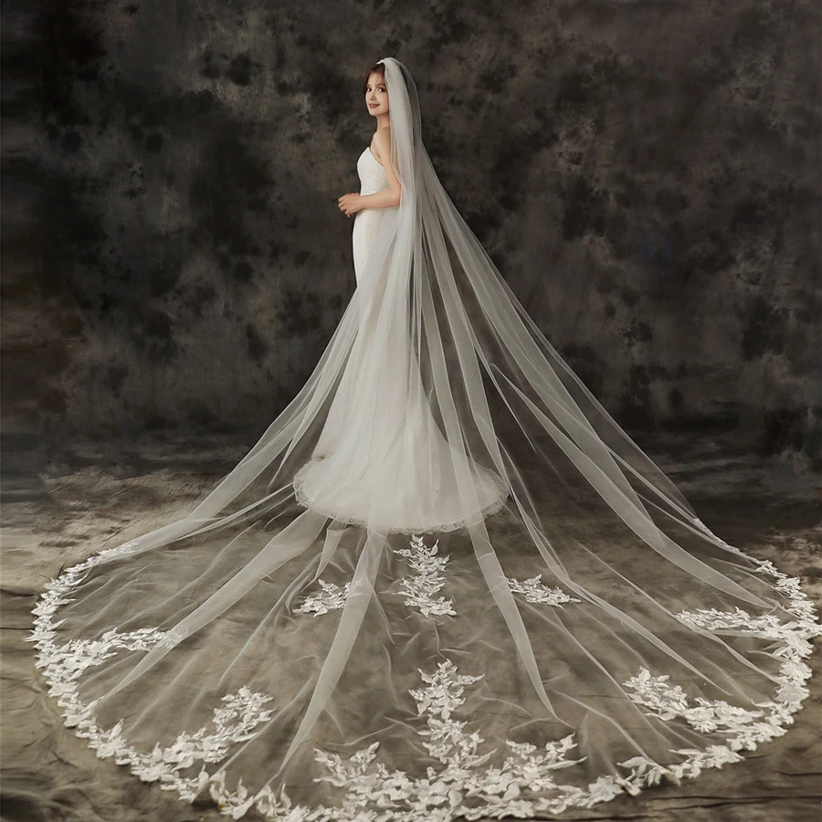 

New Arrival One Layer White Ivory Cathedral Bridal Veils Lace Boda wedding accessories wedding dress 2024 bride Bridal Veil