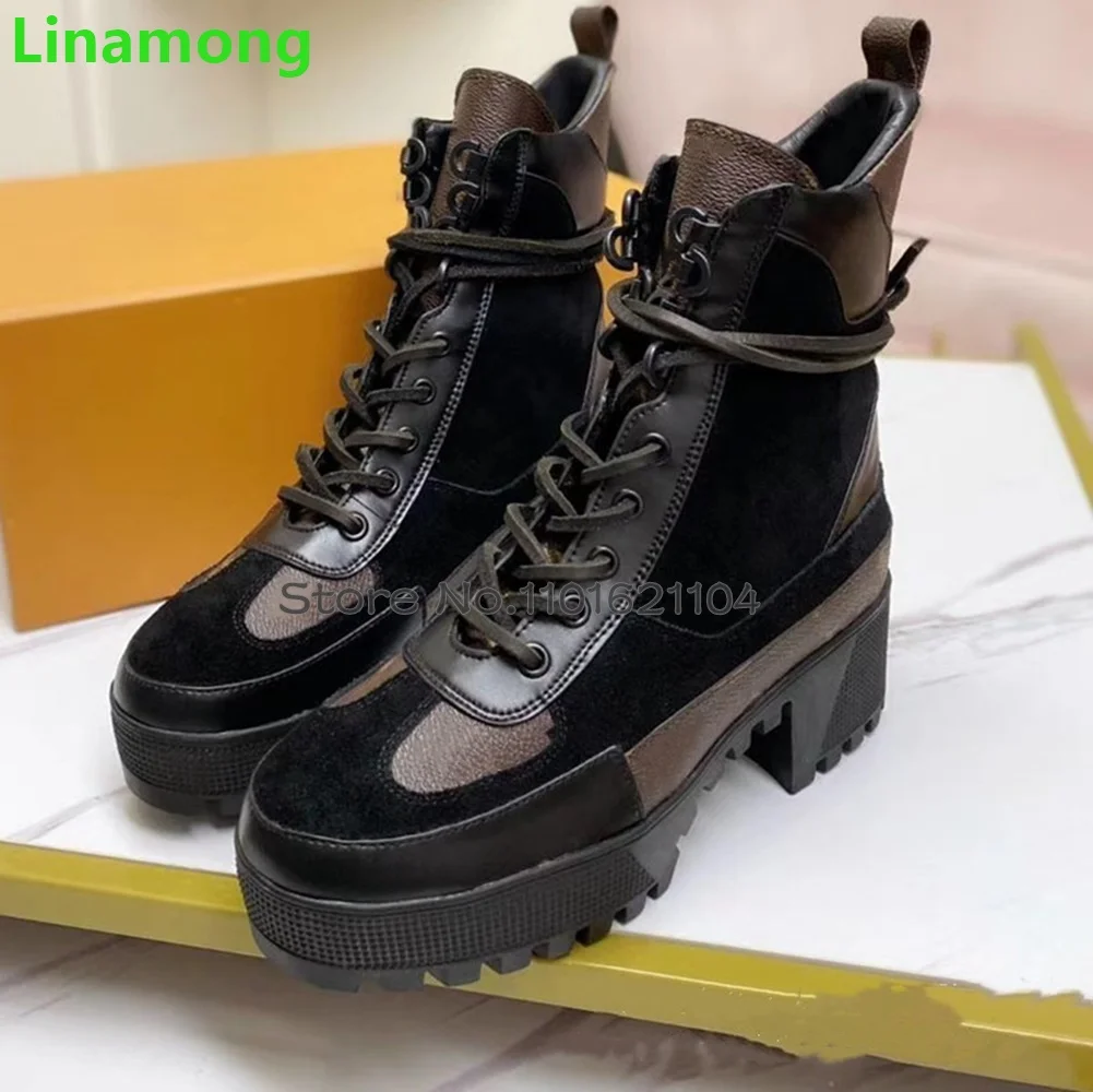 Thick Sole Square Heel Lace-up Boots For Female Women 2023 New Round Toe Ankle High Mixed Colors Fashion Luxury Design Boots