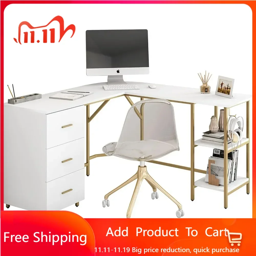 L Shaped Desk-Two-Toned Computer Desk with Drawers & Storage Shelves-Simple Modern Furniture & Home Office