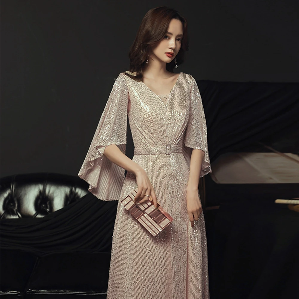 Prom Dresses V-Neck Floor-Length Dresses Woman Party Night A-LINE Prom Dress Sequin Evening women prom dresses