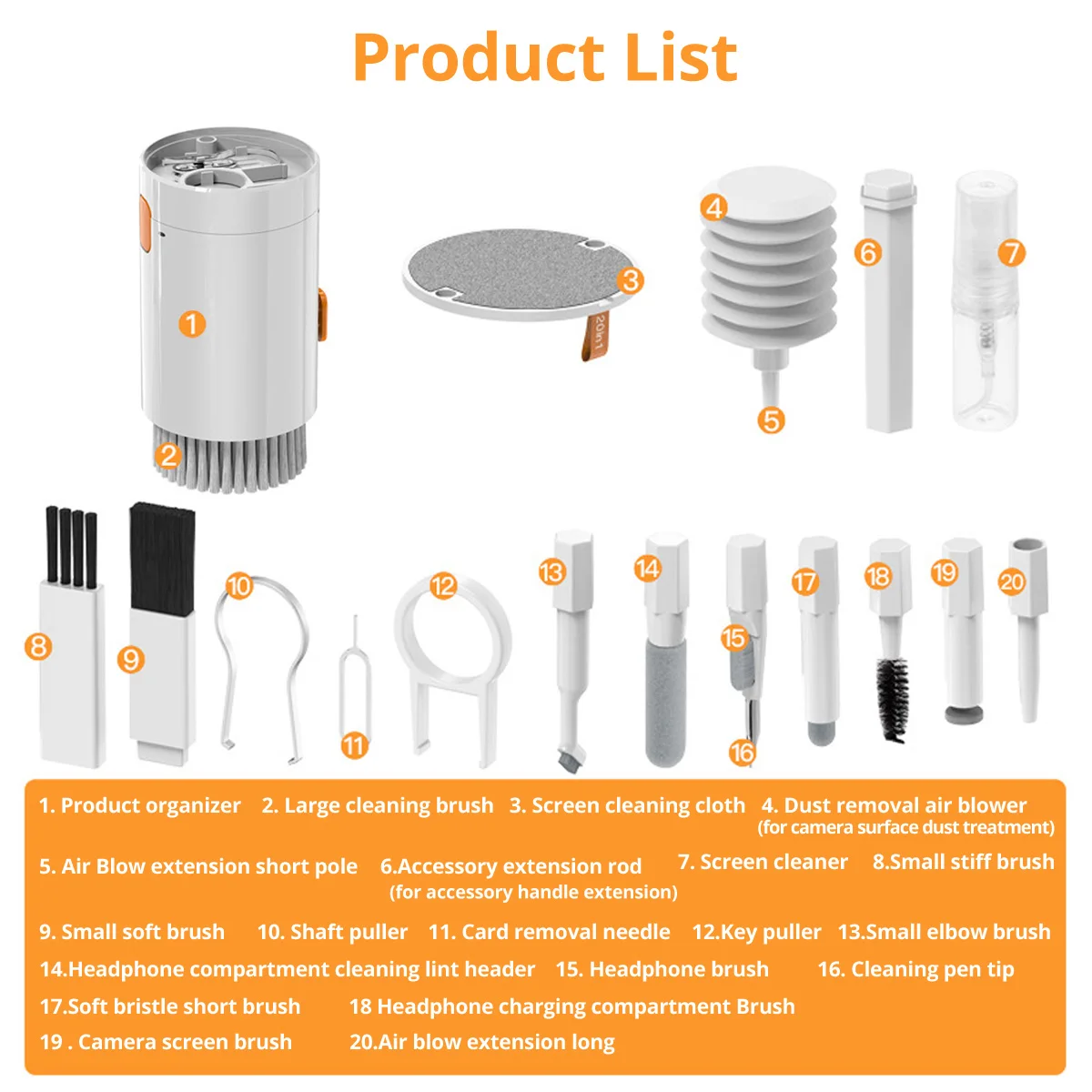 20 in 1 Cleaning Kit For Computer Keyboard Headphone Keycap Puller Cleaner Kit for Camera Laptop Mobil Phone Cleaning Tool