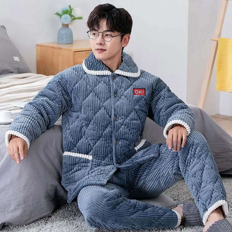 2023 New Autumn Winter Coral Velvet Men's Pajamas Three Layers of Cotton Loungewear Thickened Plushing Flannel Homewear Warm Set men s pajamas three layers cotton padded loungewear winter coral velvet plus homewear dad flannel home service suit male pijama