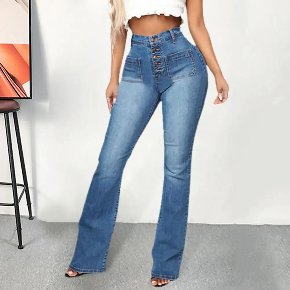 

Button Closure Denim Trousers Flattering High Waist Flared Hem Jeans Stylish Solid Color Denim Pants with Multi for Women