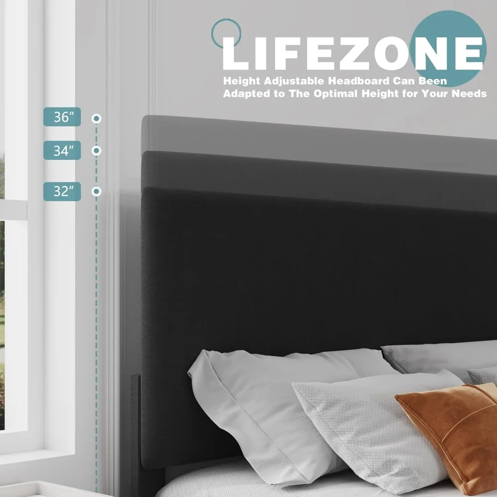 Lifezone Queen Bed Frame with Headboard,Linen Upholstered Bed Frame with Wood Slats Support,No Box Spring Needed,Heavy Duty Feet