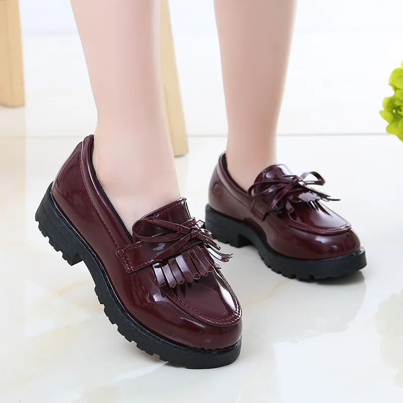 Girls Casual Leather Shoes Kids Flats Tassels with Bow-knot British Style Soft Slip-on Loafers for Wedding Party Bright Skin New