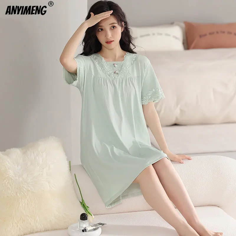 Modal Long T Shirt Night Gown for Women Fluffy Nightshirt Short Sleeve Old  Lady Sleeping Gowns Dress for Women,6,for 40-80Kg