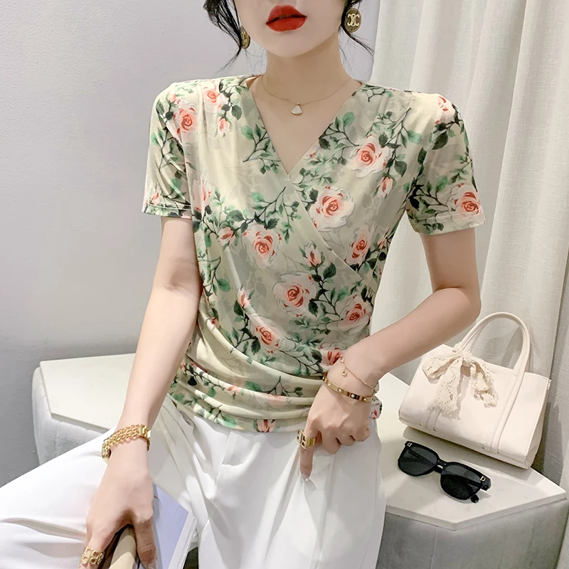 

2023 New Summer Korean Clothes Mesh T-Shirt Women Fashion Sexy V-Neck Draped Print Flower Tops Short Sleeve All Match Tees 36153
