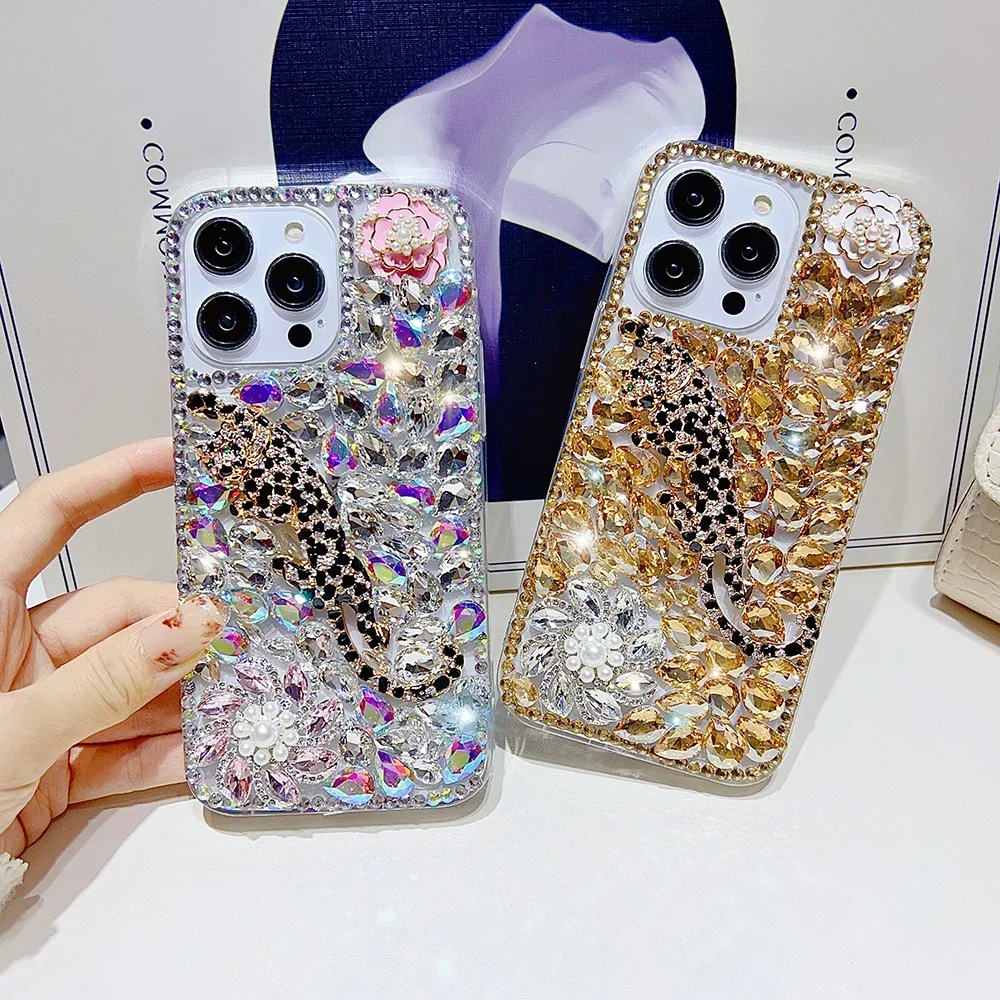 

Luxury Diamond Fierce Leopard Phone Case for Samsung S23 S22 S21 S24 Ultra A52 A51 A13 A53 A71 A81 Crystal Pearl Flowers Cover