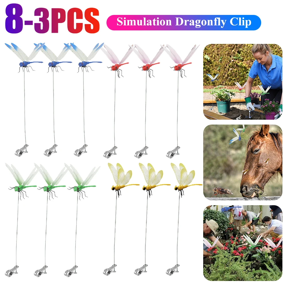 3-8Pcs Simulation Dragonfly Clip Lifelike Outdoor Decor Realistic Bug Deterrents Fake Dragonfly Garden Decorative Clip