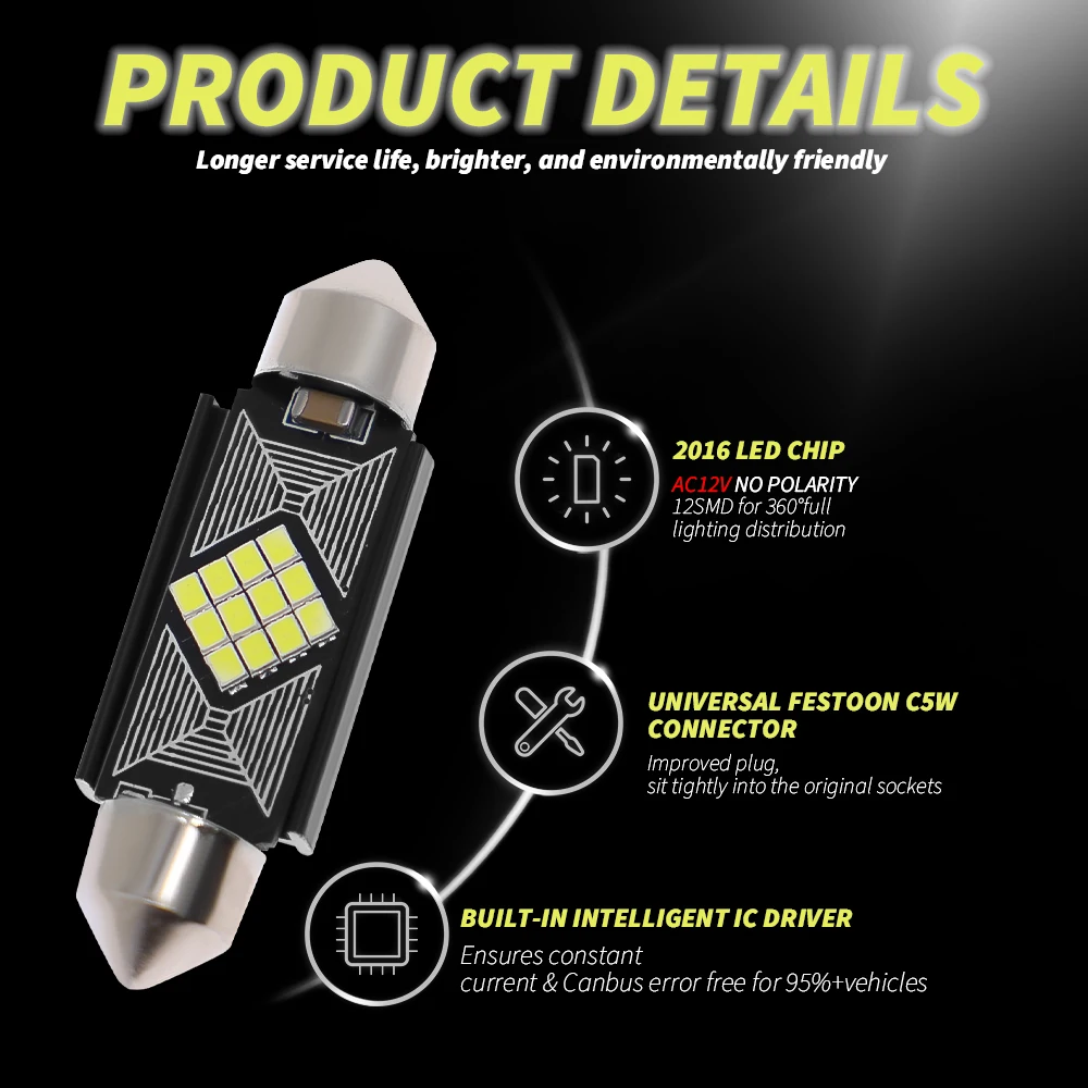 ANMINGPU 2xLED 佺 LED 2016 Ĩ, 12SMD ȣ , ĵ , ڵ ׸   , C5W, C10W, 31mm, 36mm, 39mm, 41mm
