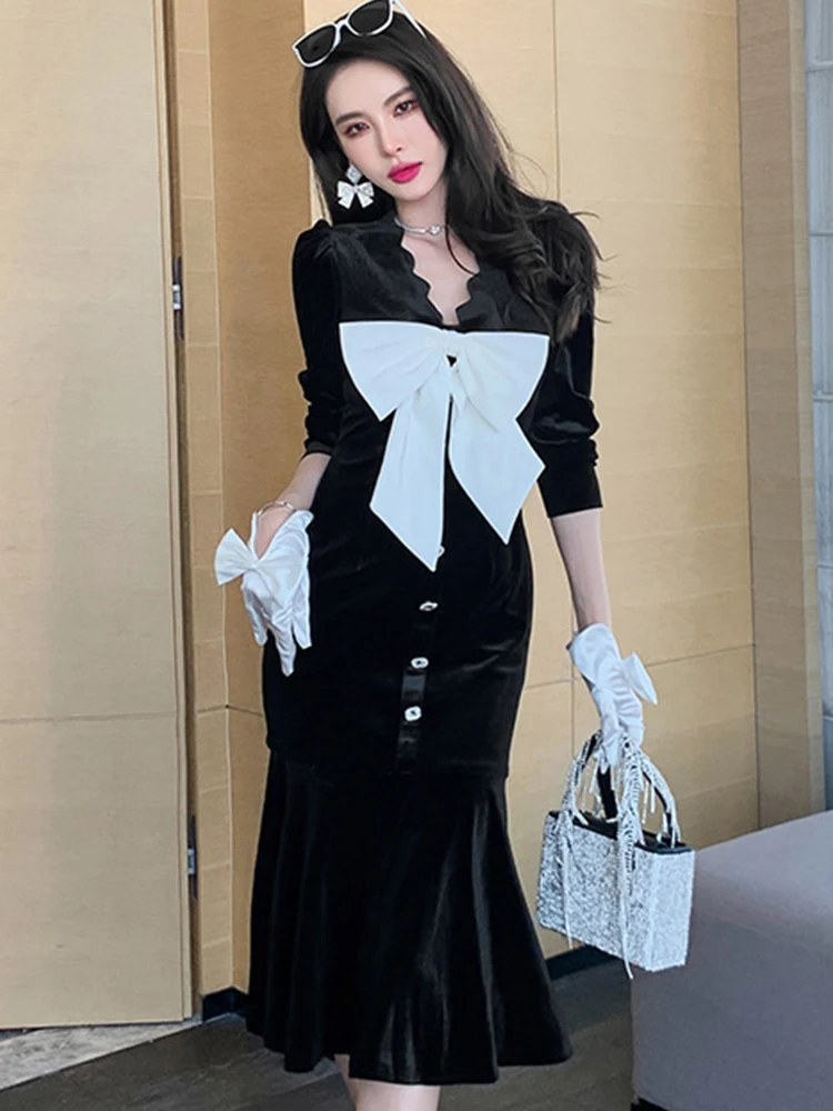 

2023 Spring Women Maxi Dress Vintage Elegant Velvet Long Sleeve Slim Bow Ruffles Mermaid Robe Lady Party Street Office Vestidos