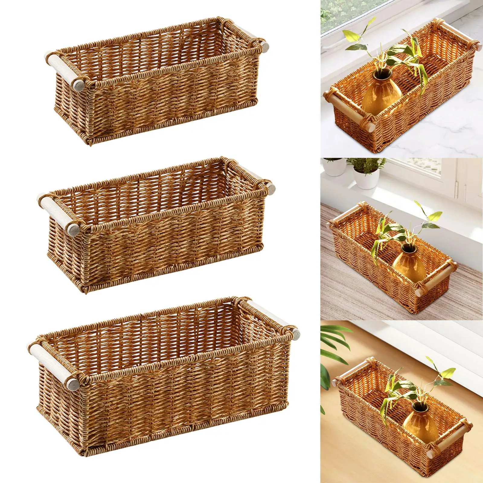 Imitation Rattan Storage Basket Perfume Tray For Organizing Rectangular Vintage For Home Coffee Table Bar Bathroom Kitchen_voghion.com