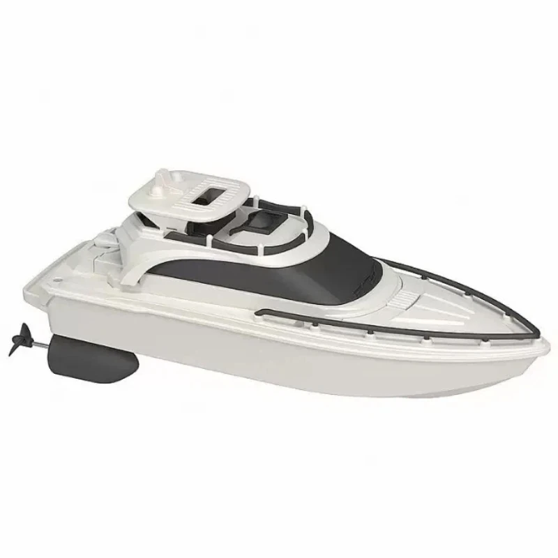 Bateau RC 4 canaux vu de profil, design aérodynamique rouge et blanc, prêt pour la piscine.