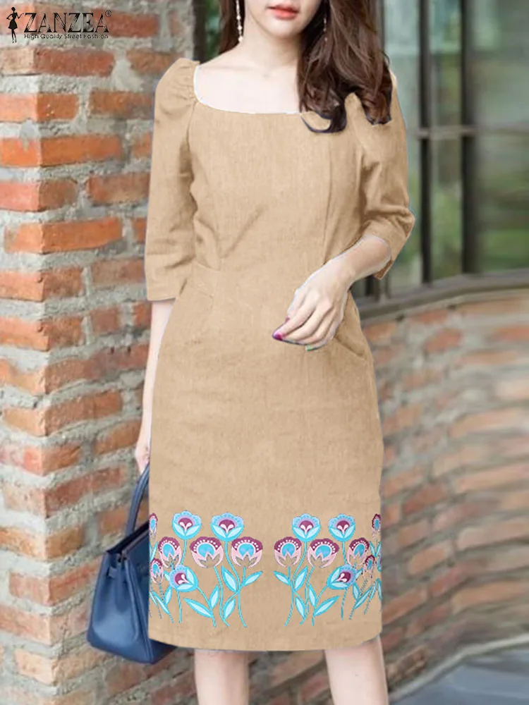

ZANZEA Elegant Women Puff 3/4 Sleeve Dresses Square Neck Dress Summer Fashion Denim Short Sundress Solid Vintage Printing Robes