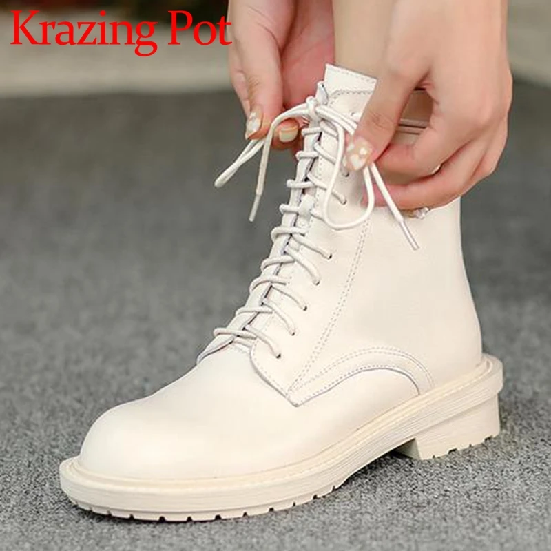 

Krazing Pot Cow Leather Round Toe Med Heels Motorcycles Boots Platform Big Size 43 Cross-tied Street Wear Zip Deign Ankle Boots