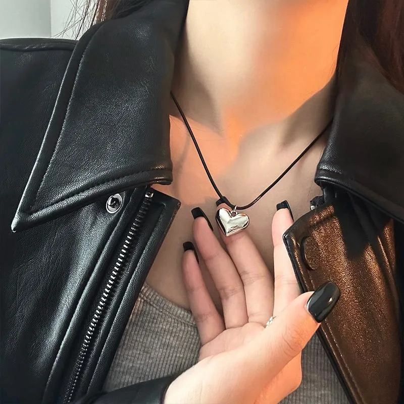 حبل أسود الحب القلب قلادة قلادة للنساء بسيط فضي ال...