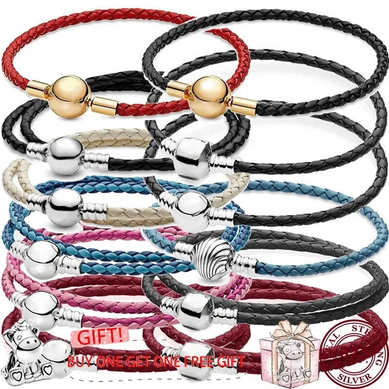 New Hot 925 Sterling Silver Exquisite Woven Leather Rope Original Women's Logo Double Loop Bracelet Wedding DIY Charm Jewelry