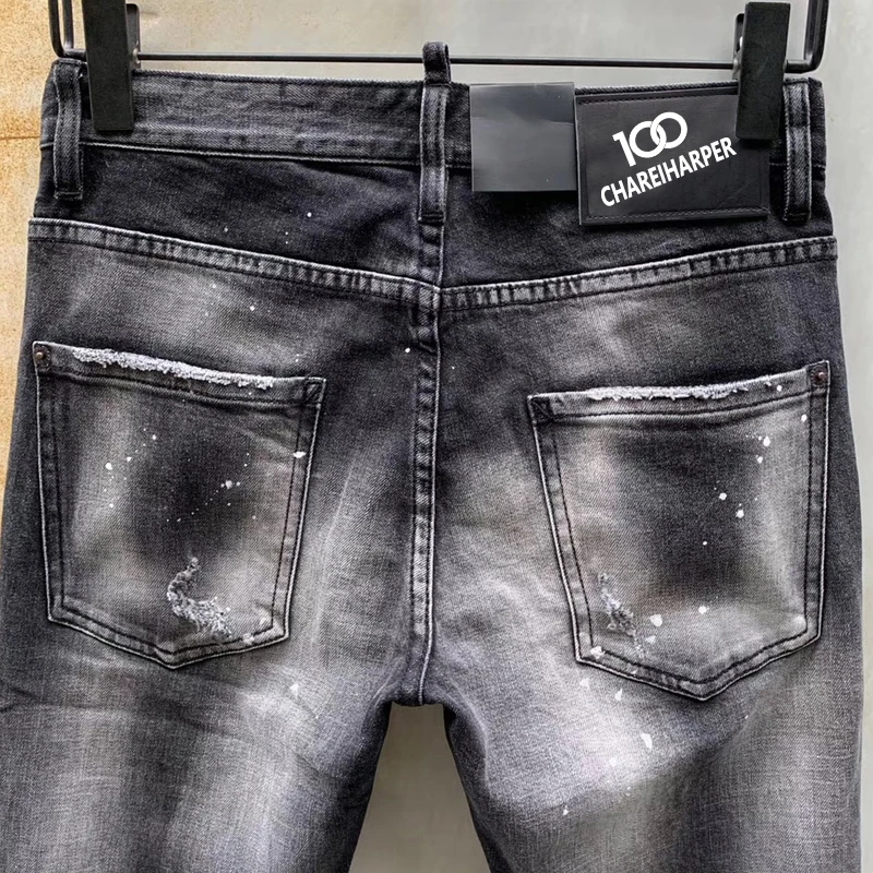 Chareiharper 930  New Tatty Paint Splash men's slim Fit Stick Fabric Stretch jeans Blue Leggings 5